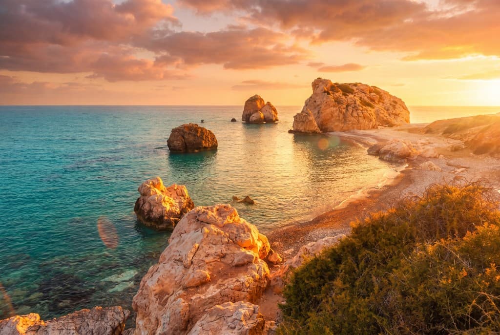 Petra tou Romiou, Aphrodite's Rock, at sunset on the Cyprus coast