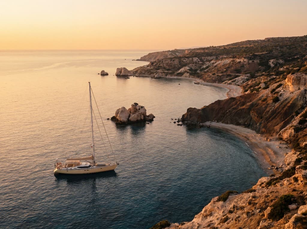 Coastal bay in Cyprus with a sailboat at sunset