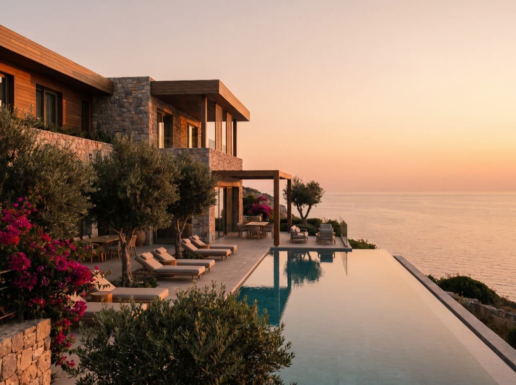 Luxury villa with infinity pool overlooking the Mediterranean at sunset, Cyprus
