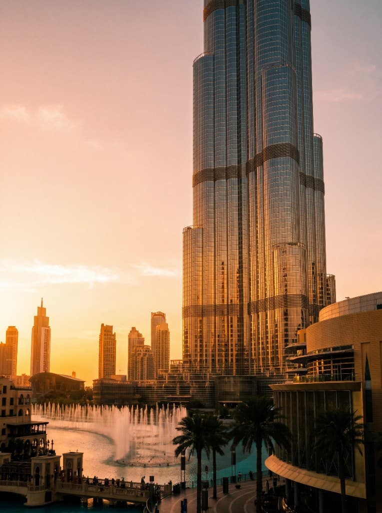 Burj Khalifa and Dubai Fountain at sunset