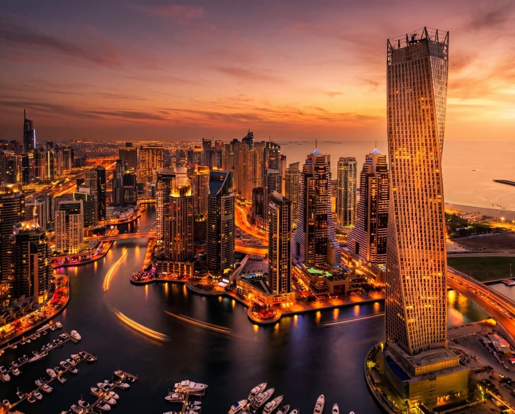 Dubai Marina skyline at sunset