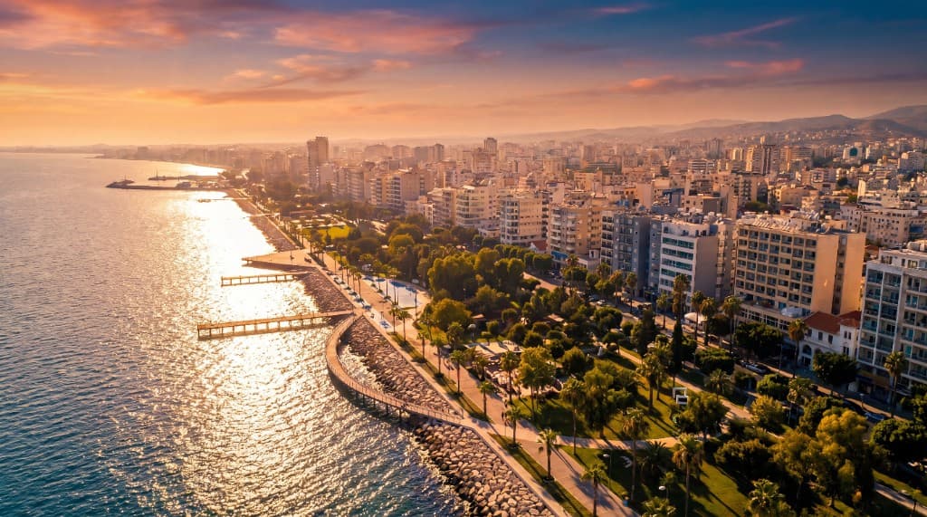 Aerial view of the Limassol promenade and coastline at sunset, Cyprus