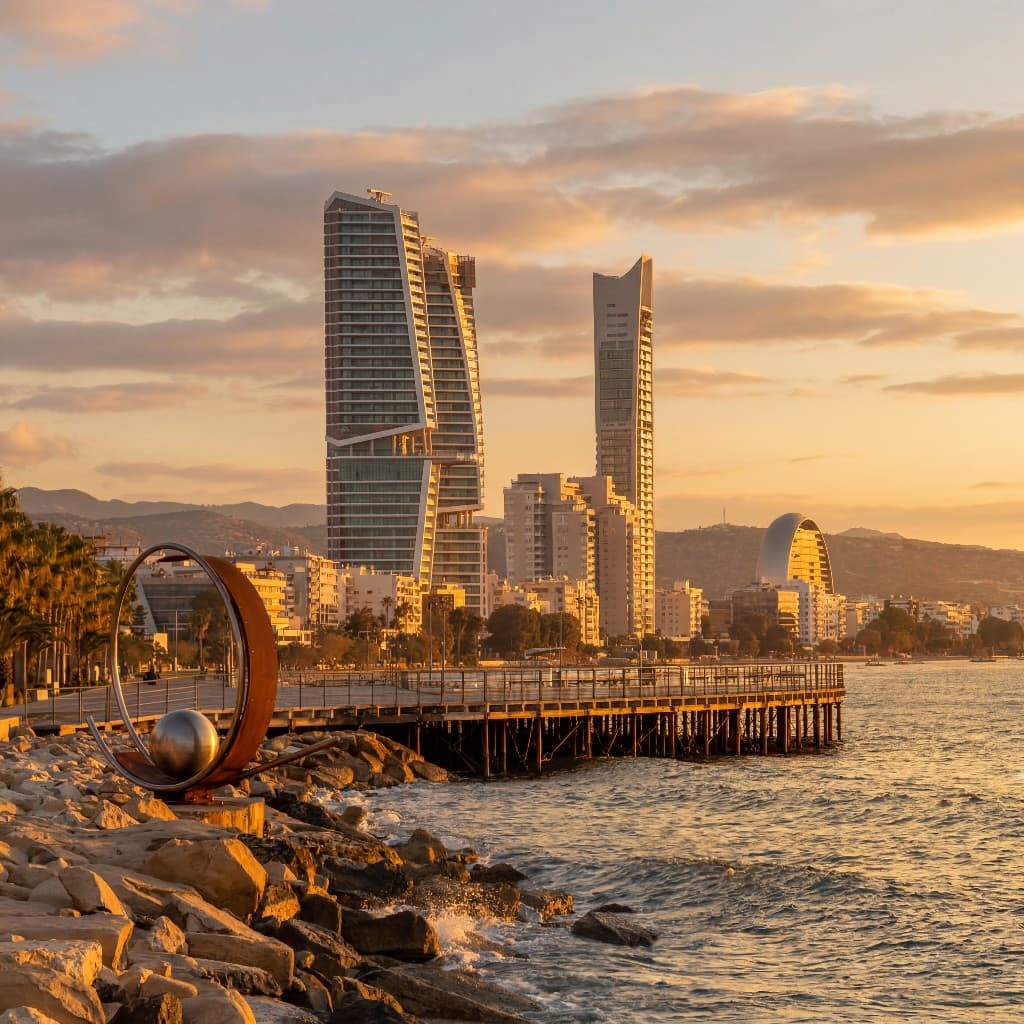 Limassol skyline and pier at sunset, Cyprus